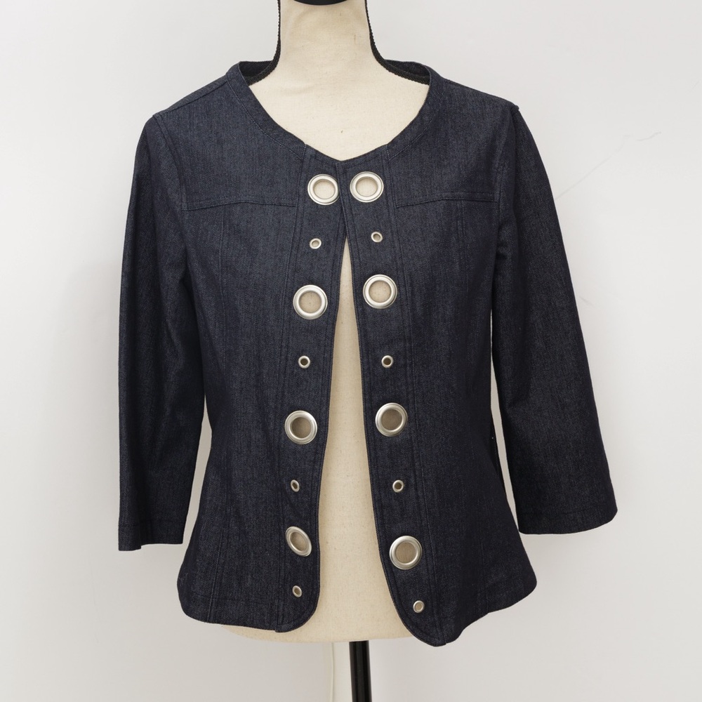 Dark wash denim jacket with large silver rivets embellished NYCC M